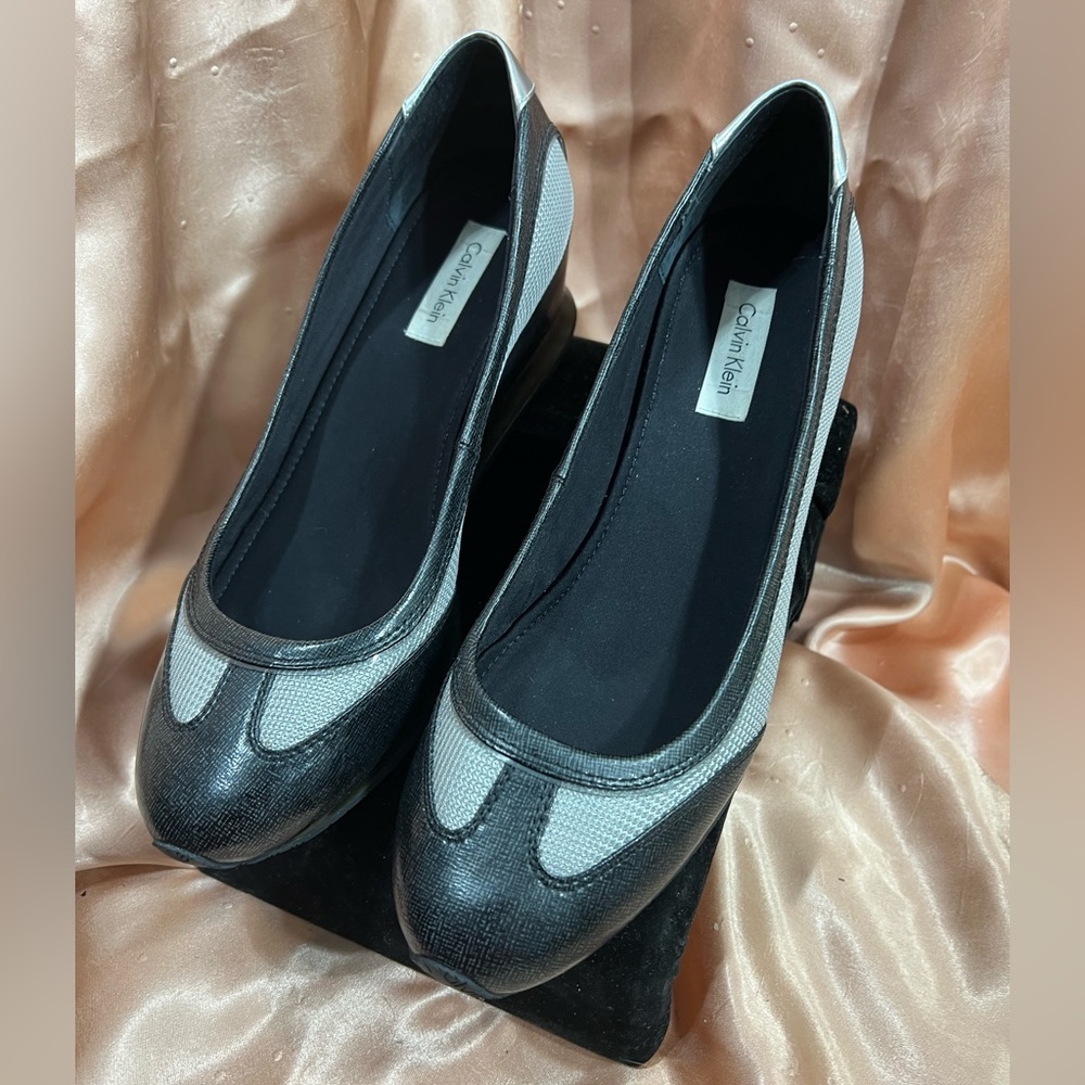 Calvin Klein Wedge 2” Inch Heel Black And Silver Size 9 1/2 Never Worn.